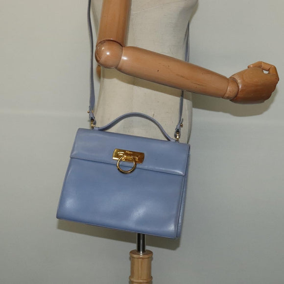 Salvatore Ferragamo Gancini Hand Bag Leather 2way Light Blue Gold Auth 140913