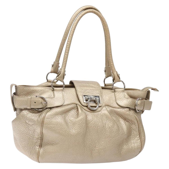 Salvatore Ferragamo Gancini Hand Bag Leather Gold Silver Auth 140914