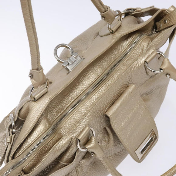 Salvatore Ferragamo Gancini Hand Bag Leather Gold Silver Auth 140914