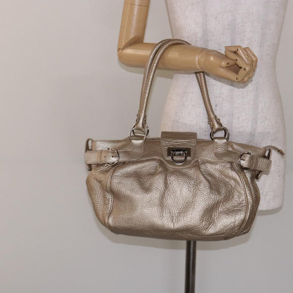 Salvatore Ferragamo Gancini Hand Bag Leather Gold Silver Auth 140914