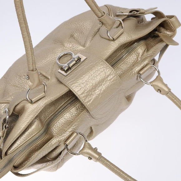 Salvatore Ferragamo Gancini Hand Bag Leather Gold Silver Auth 140914