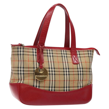 BURBERRY Nova Check Hand Bag Canvas Beige Red gold Auth 140919