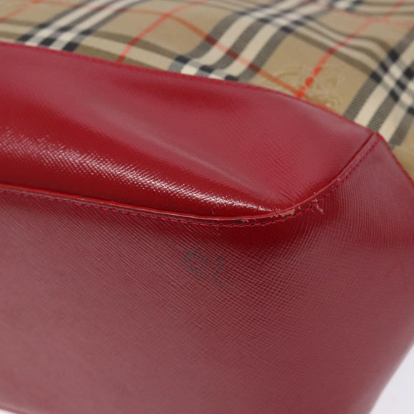 BURBERRY Nova Check Hand Bag Canvas Beige Red gold Auth 140919