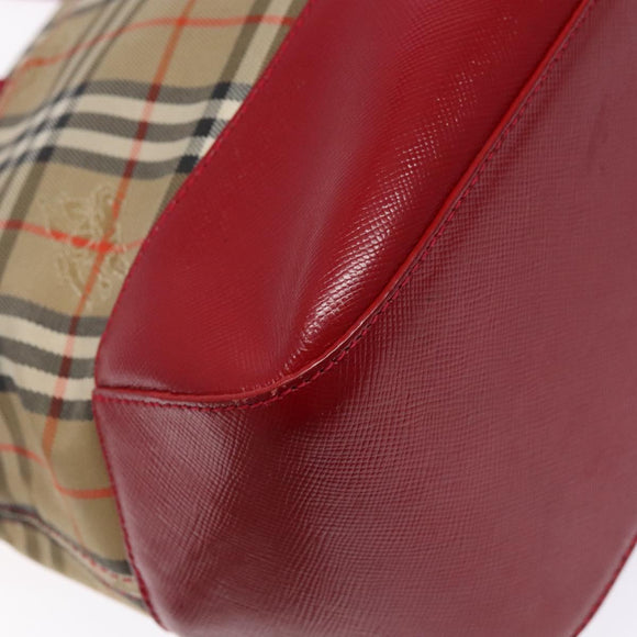 BURBERRY Nova Check Hand Bag Canvas Beige Red gold Auth 140919
