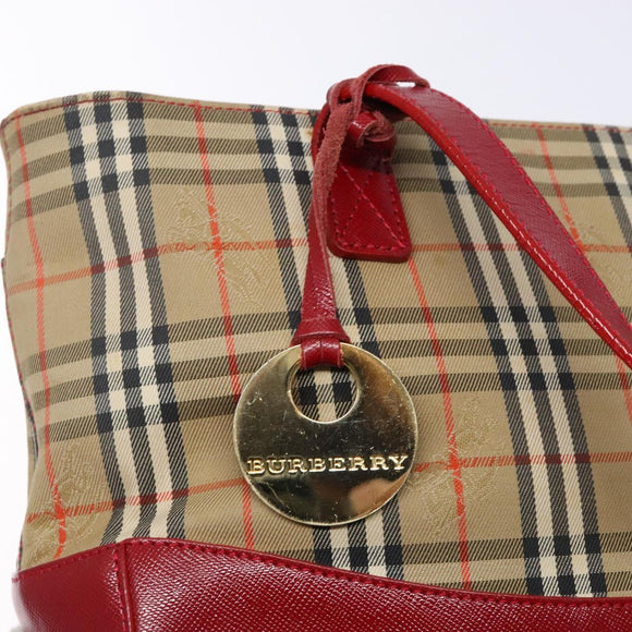 BURBERRY Nova Check Hand Bag Canvas Beige Red gold Auth 140919