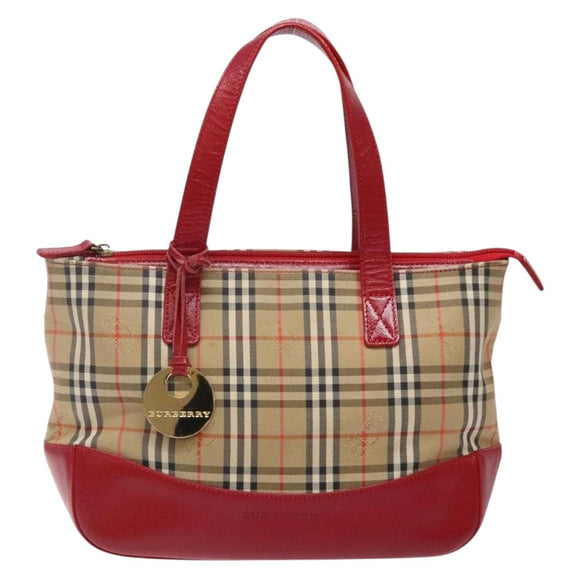 BURBERRY Nova Check Hand Bag Canvas Beige Red gold Auth 140919