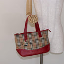 BURBERRY Nova Check Hand Bag Canvas Beige Red gold Auth 140919-23