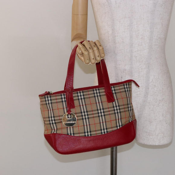 BURBERRY Nova Check Hand Bag Canvas Beige Red gold Auth 140919