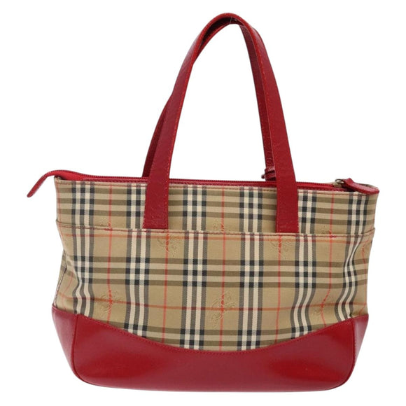 BURBERRY Nova Check Hand Bag Canvas Beige Red gold Auth 140919