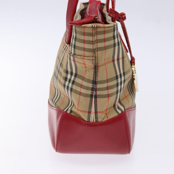 BURBERRY Nova Check Hand Bag Canvas Beige Red gold Auth 140919