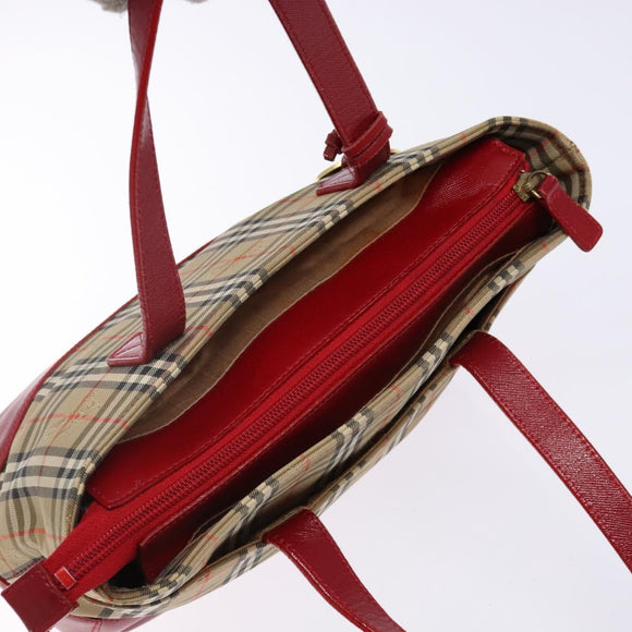 BURBERRY Nova Check Hand Bag Canvas Beige Red gold Auth 140919