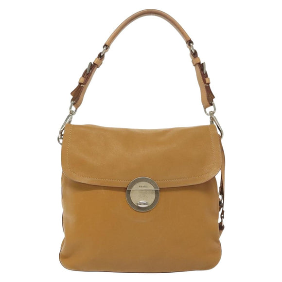 PRADA Shoulder Bag Leather Beige Silver Auth 140921
