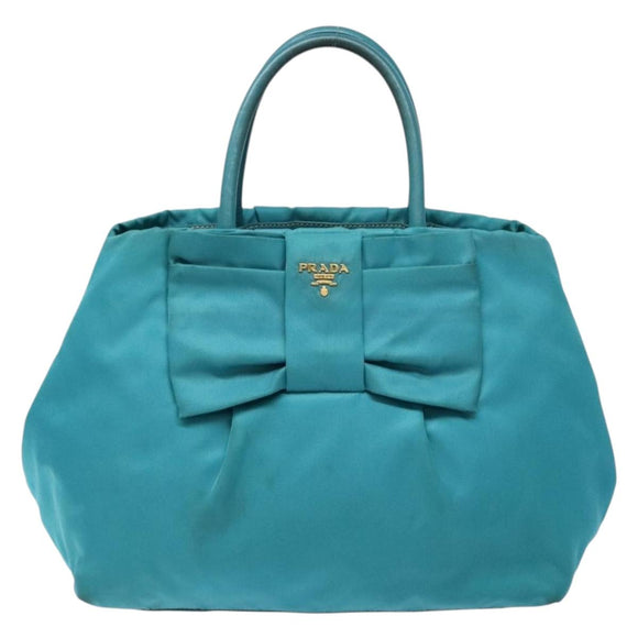 PRADA Hand Bag Nylon Turquoise Blue Gold Auth 140922