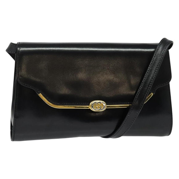 GUCCI Shoulder Bag Leather Black Gold Auth 140948