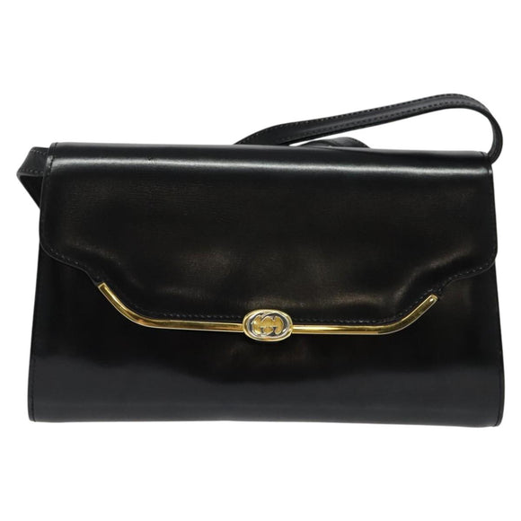 GUCCI Shoulder Bag Leather Black Gold Auth 140948