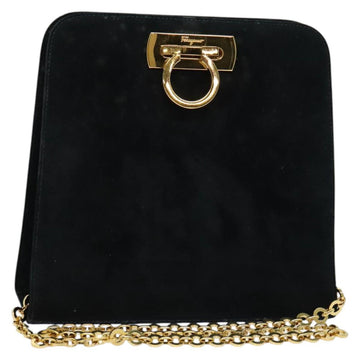 Salvatore Ferragamo Gancini Chain Shoulder Bag Suede Black Gold Auth 140965