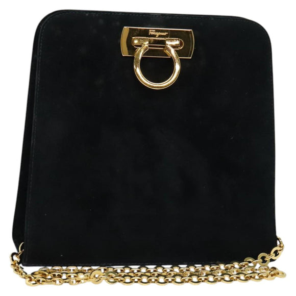 Salvatore Ferragamo Gancini Chain Shoulder Bag Suede Black Gold Auth 140965