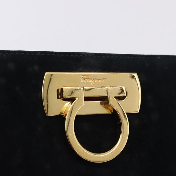 Salvatore Ferragamo Gancini Ketting Schoudertas Suede Zwart Goud Auth 140965