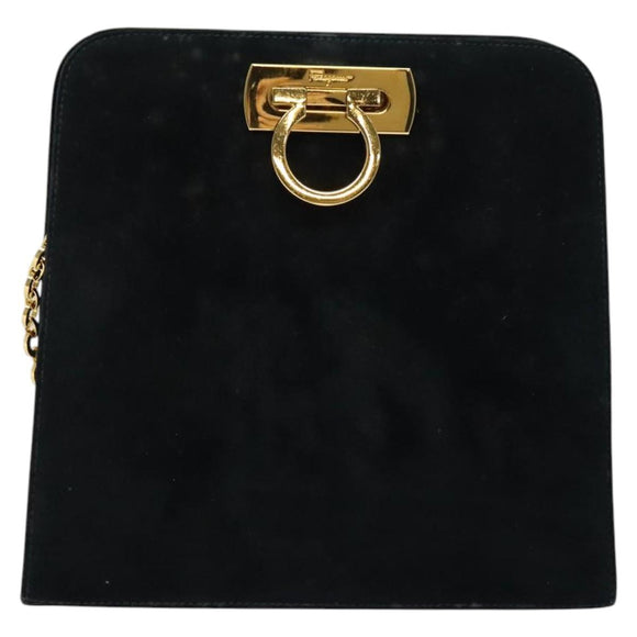 Salvatore Ferragamo Gancini Chain Shoulder Bag Suede Black Gold Auth 140965