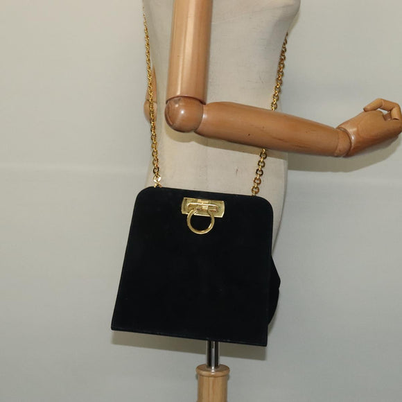 Salvatore Ferragamo Gancini Chain Shoulder Bag Suede Black Gold Auth 140965