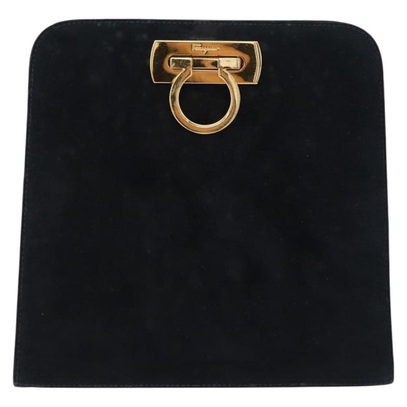Salvatore Ferragamo Gancini Ketting Schoudertas Suede Zwart Goud Auth 140965