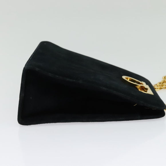 Salvatore Ferragamo Gancini Chain Shoulder Bag Suede Black Gold Auth 140965