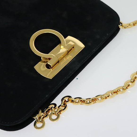 Salvatore Ferragamo Gancini Chain Shoulder Bag Suede Black Gold Auth 140965