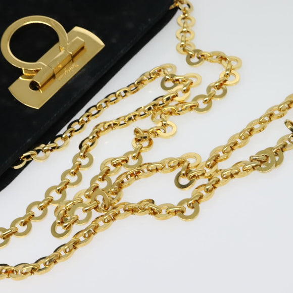 Salvatore Ferragamo Gancini Chain Shoulder Bag Suede Black Gold Auth 140965