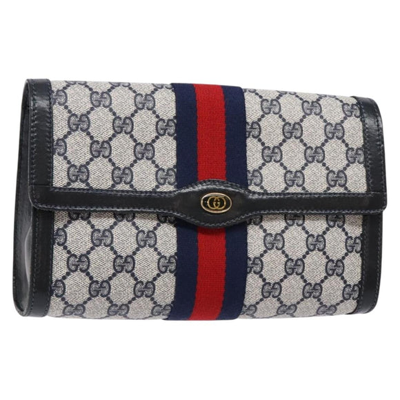 GUCCI GG Supreme Sherry Line Clutch Bag PVC Navy Gold 67 014 3087 Auth 140986