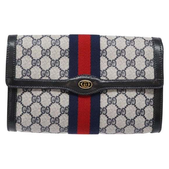 GUCCI GG Supreme Sherry Line Clutch Bag PVC Navy Gold 67 014 3087 Auth 140986