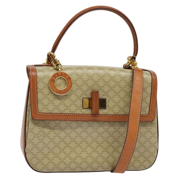 CELINE Macadam Canvas Hand Bag PVC 2way Beige Gold Auth 140987
