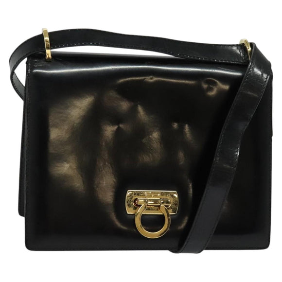 Salvatore Ferragamo Gancini Shoulder Bag Leather Black Gold Auth 140988
