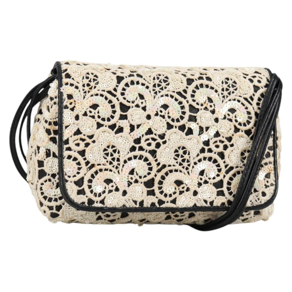 CHANEL Sequin Shoulder Bag Leather White Gold CC Auth 140995