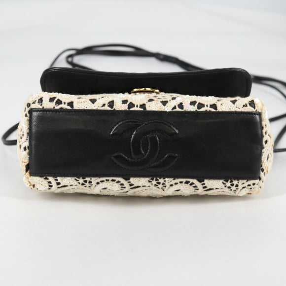 CHANEL Sequin Shoulder Bag Leather White Gold CC Auth 140995