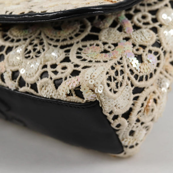 CHANEL Sequin Shoulder Bag Leather White Gold CC Auth 140995