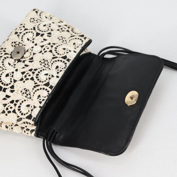 CHANEL Sequin Shoulder Bag Leather White Gold CC Auth 140995