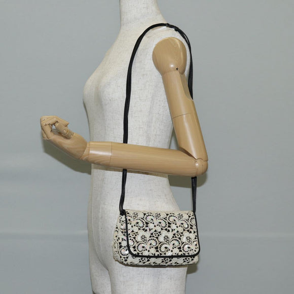 CHANEL Sequin Shoulder Bag Leather White Gold CC Auth 140995