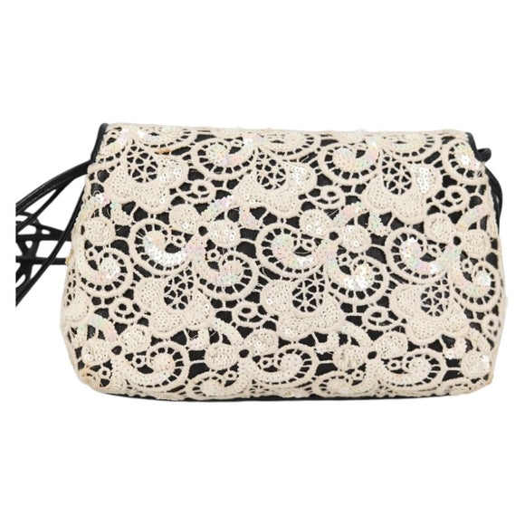 CHANEL Sequin Shoulder Bag Leather White Gold CC Auth 140995