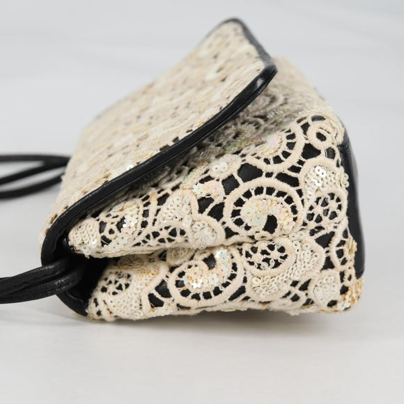 CHANEL Sequin Shoulder Bag Leather White Gold CC Auth 140995