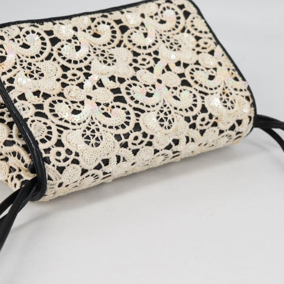 CHANEL Sequin Shoulder Bag Leather White Gold CC Auth 140995