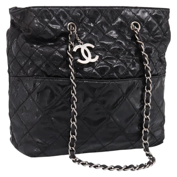 CHANEL Wild Stitch Chain Shoulder Bag Patent leather Black Silver CC Auth 140996