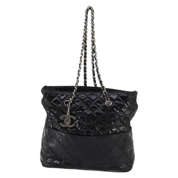 CHANEL Wild Stitch Chain Shoulder Bag Patent leather Black Silver CC Auth 140996