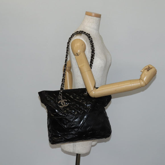 CHANEL Wild Stitch Chain Shoulder Bag Patent leather Black Silver CC Auth 140996