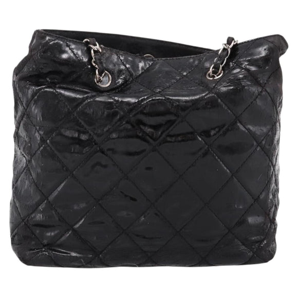 CHANEL Wild Stitch Chain Shoulder Bag Patent leather Black Silver CC Auth 140996