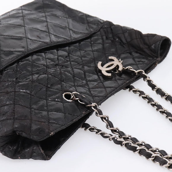CHANEL Wild Stitch Chain Shoulder Bag Patent leather Black Silver CC Auth 140996