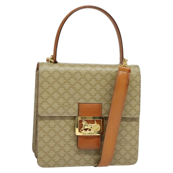 CELINE Macadam Canvas Hand Bag PVC 2way Beige Gold Auth 141009