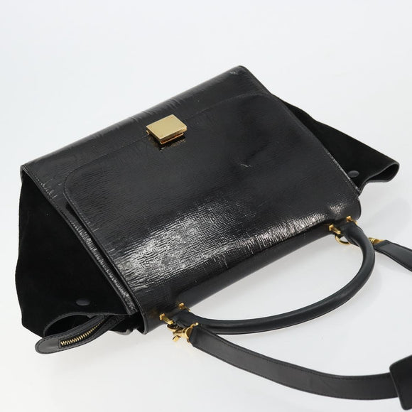 CELINE Trapeze Hand Bag Leather 2way Black Gold Auth 141011