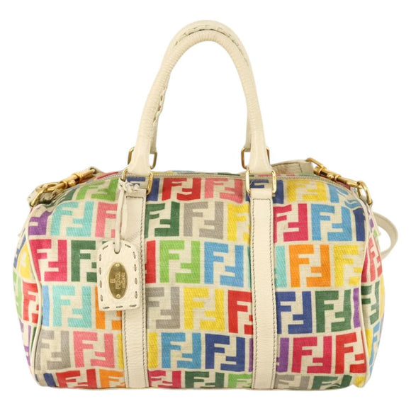 FENDI Zucca Canvas Boston Bag PVC 2way Multicolor Gold Auth 141028