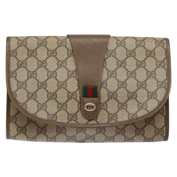 GUCCI GG Supreme Web Sherry Line Clutch Bag PVC Beige Gold 89 01 030 Auth 141030
