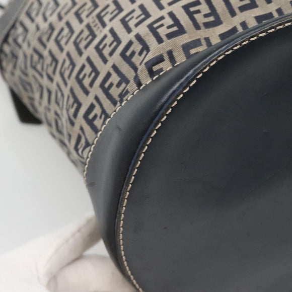 FENDI Zucchino Canvas Shoulder Bag Navy Silver Auth 141032